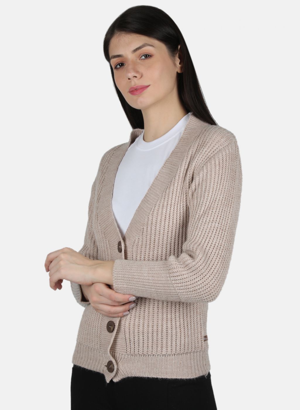 Women Beige Self Design Cardigan