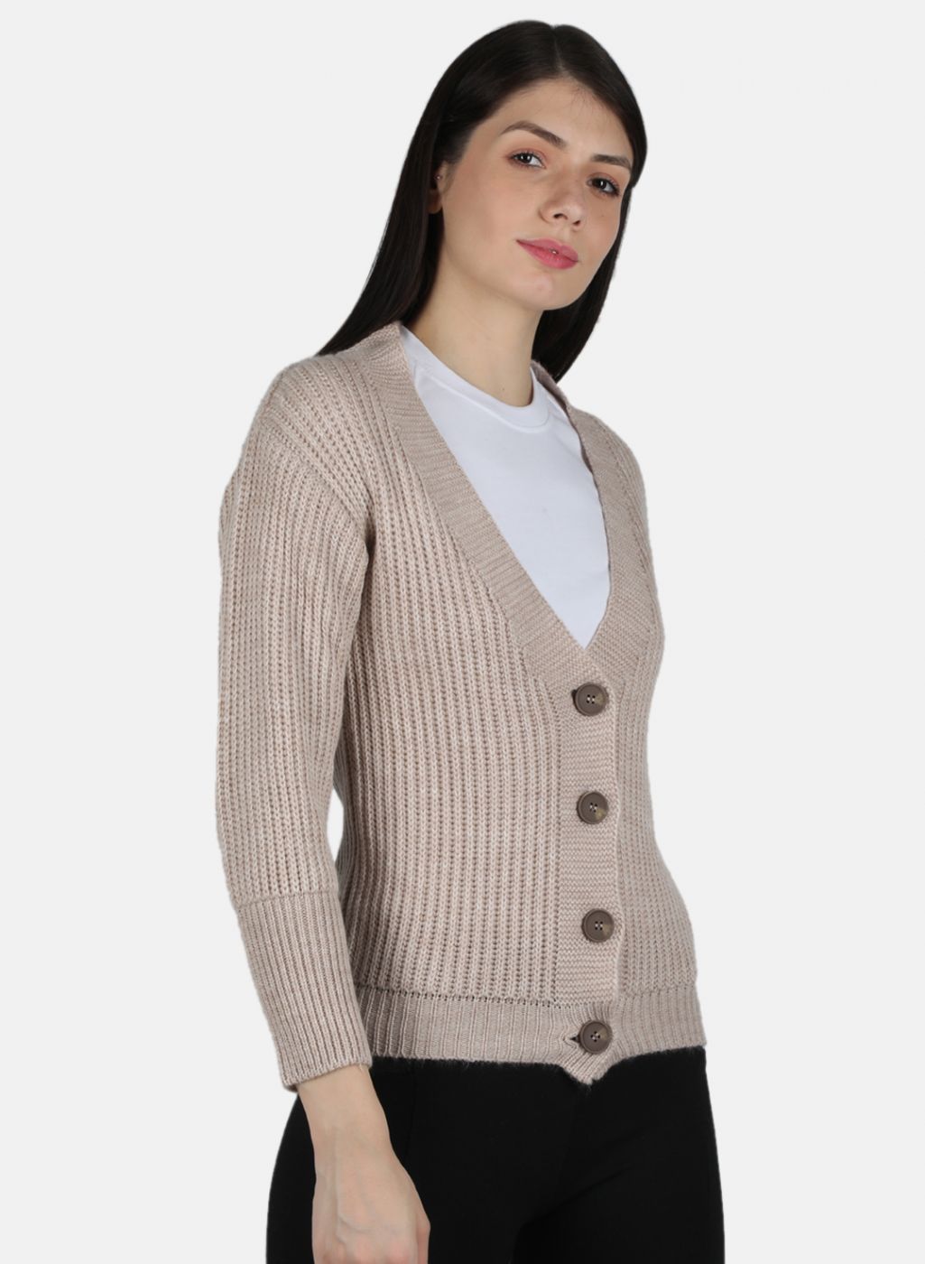 Women Beige Self Design Cardigan