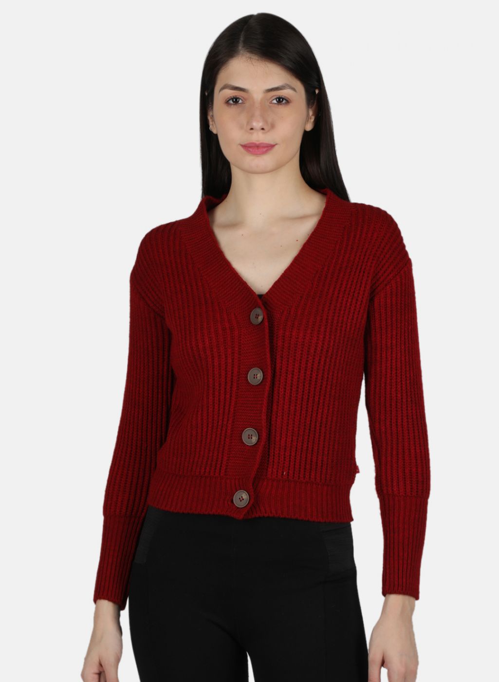 Women Maroon Self Design Cardigan