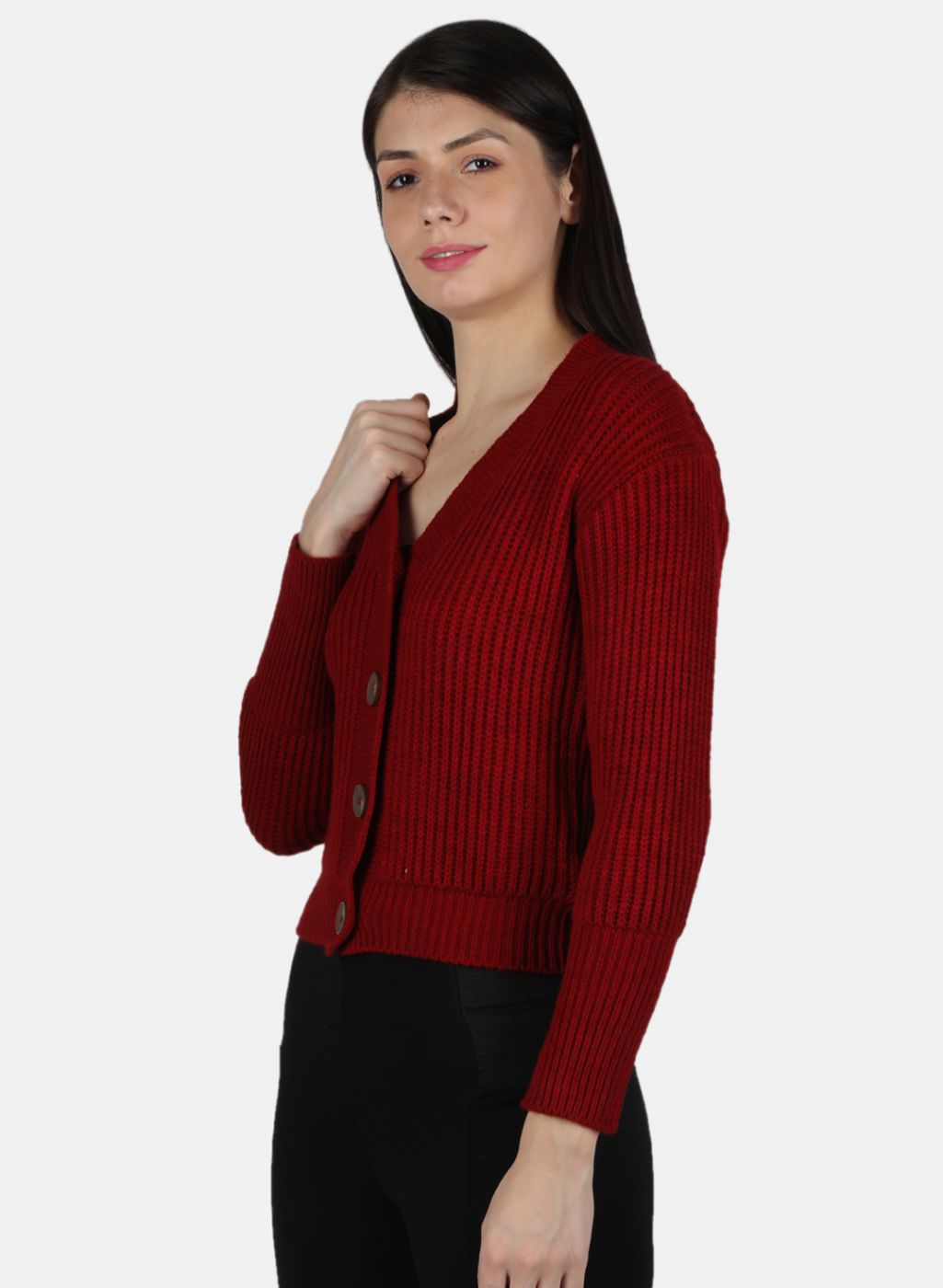 Women Maroon Self Design Cardigan