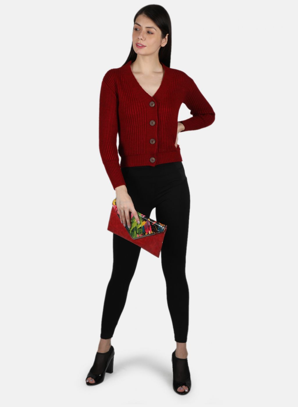 Women Maroon Self Design Cardigan