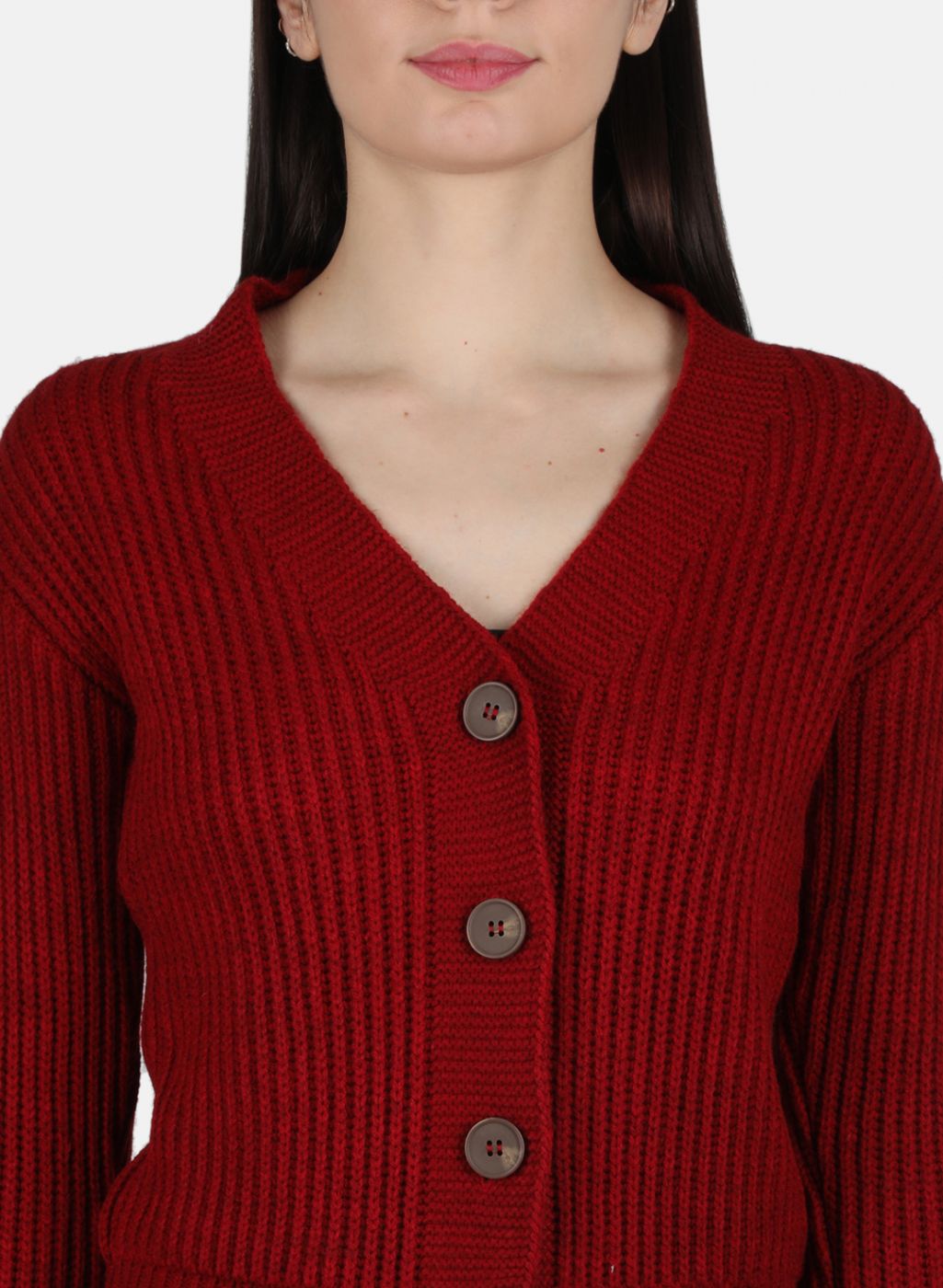 Women Maroon Self Design Cardigan