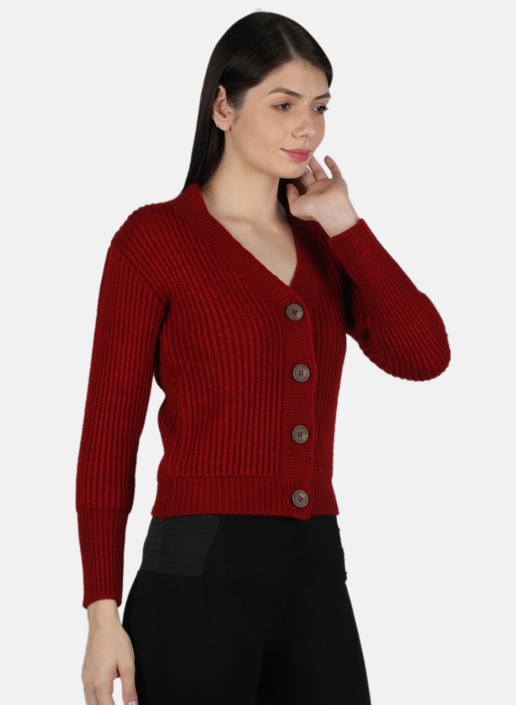 Women Maroon Self Design Cardigan