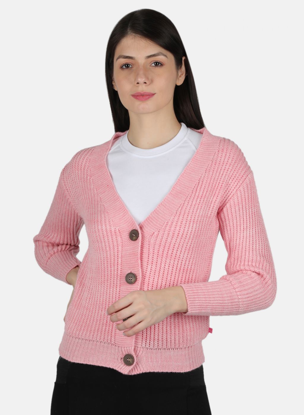 Women Pink Self Design Cardigan