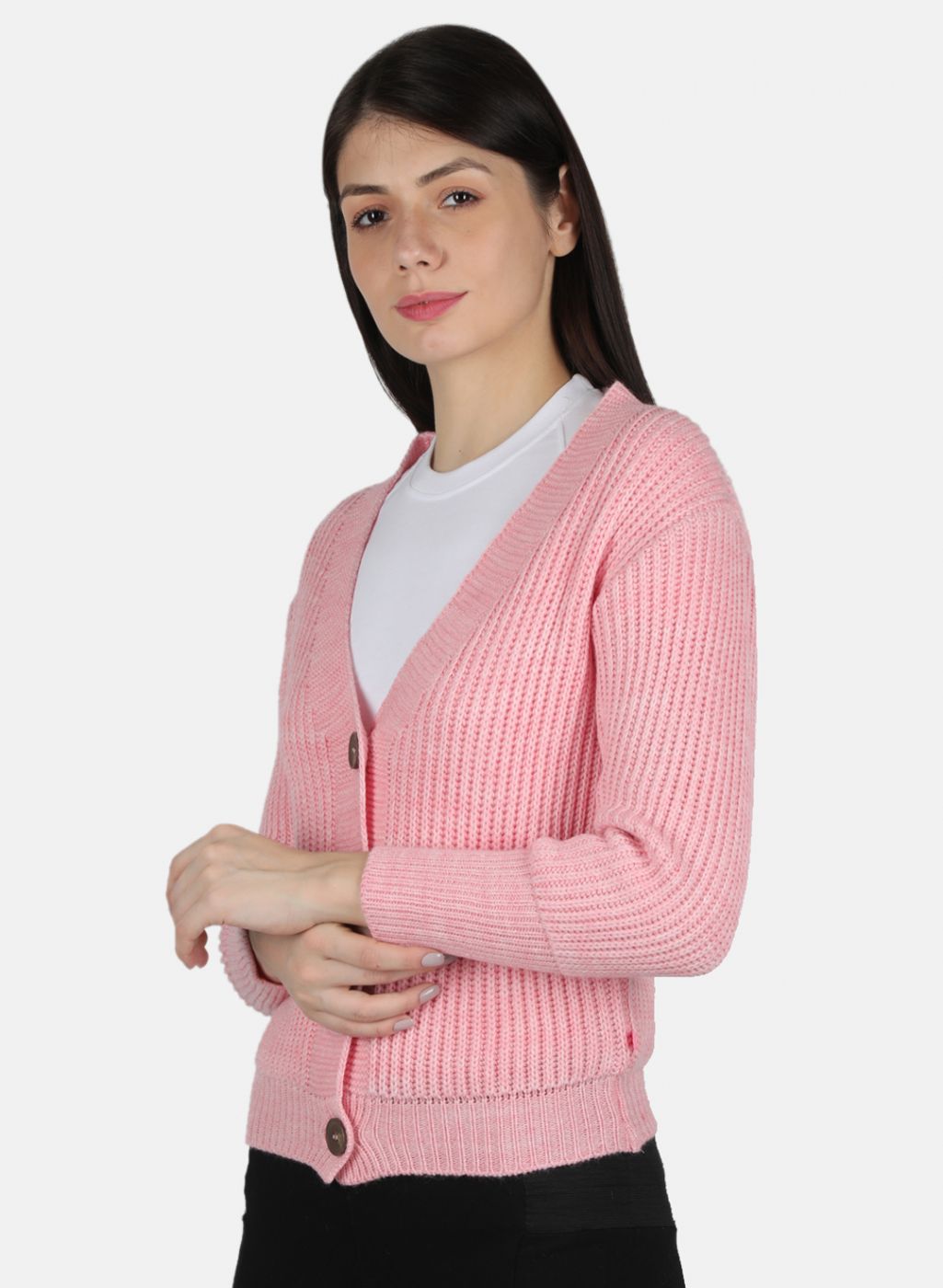 Women Pink Self Design Cardigan