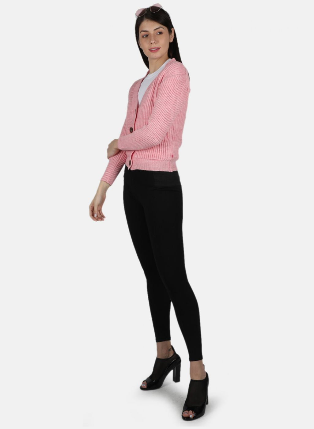 Women Pink Self Design Cardigan