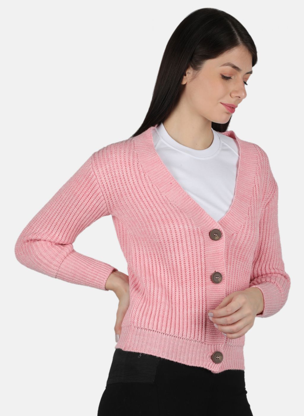 Women Pink Self Design Cardigan