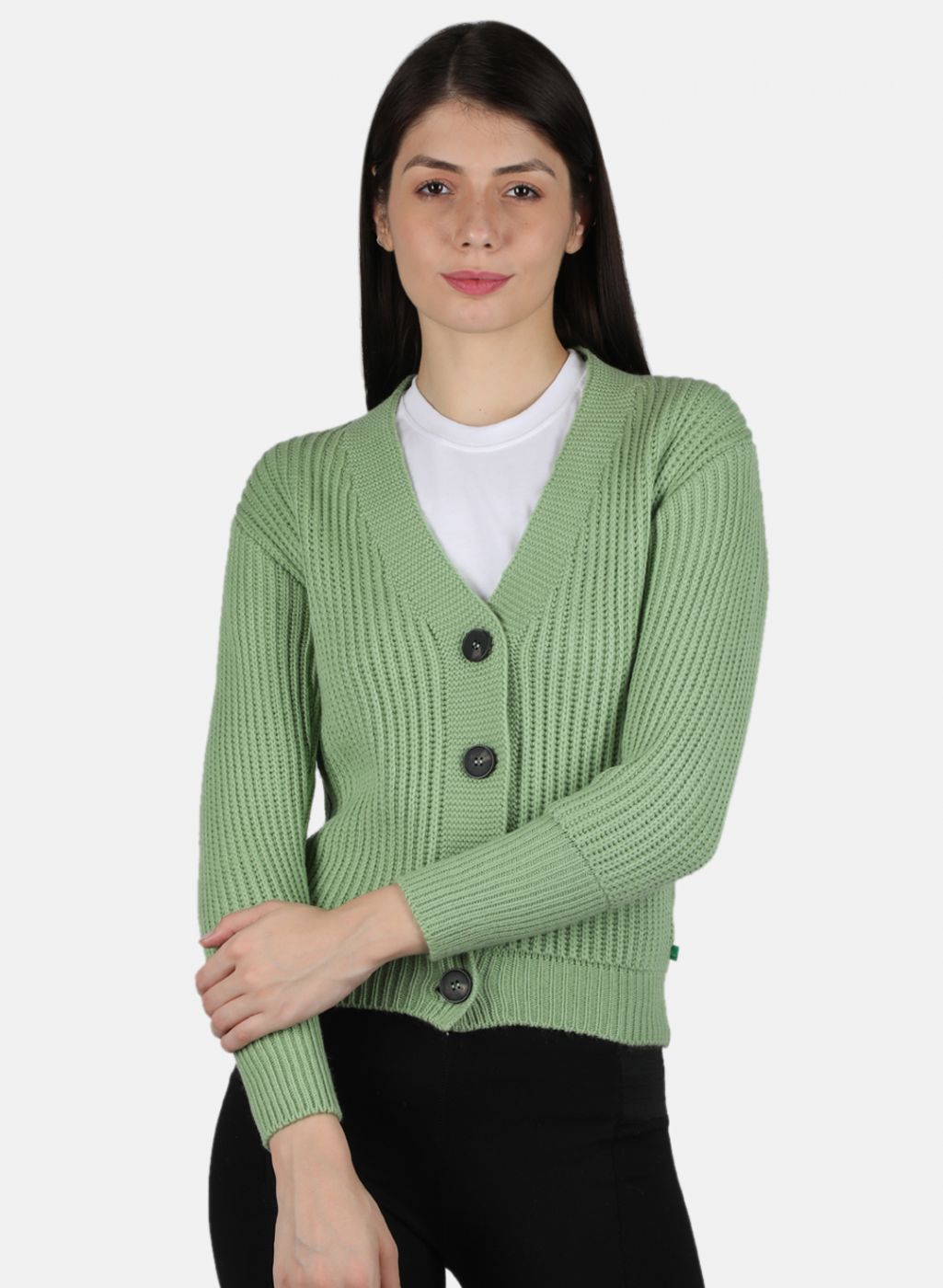 Women Green Self Design Cardigan