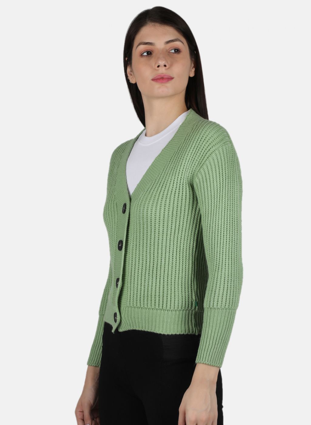 Women Green Self Design Cardigan