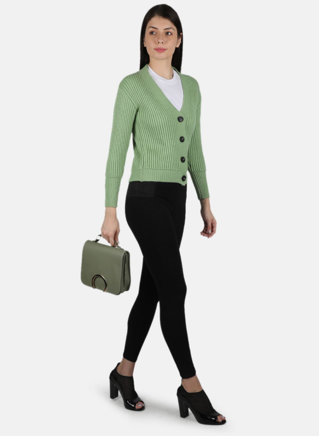 Women Green Self Design Cardigan