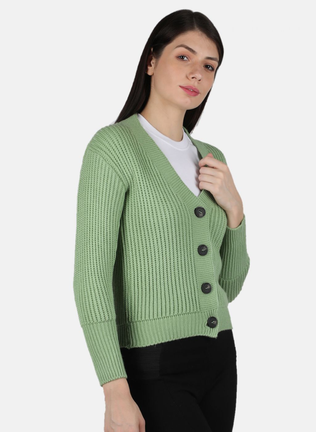 Women Green Self Design Cardigan