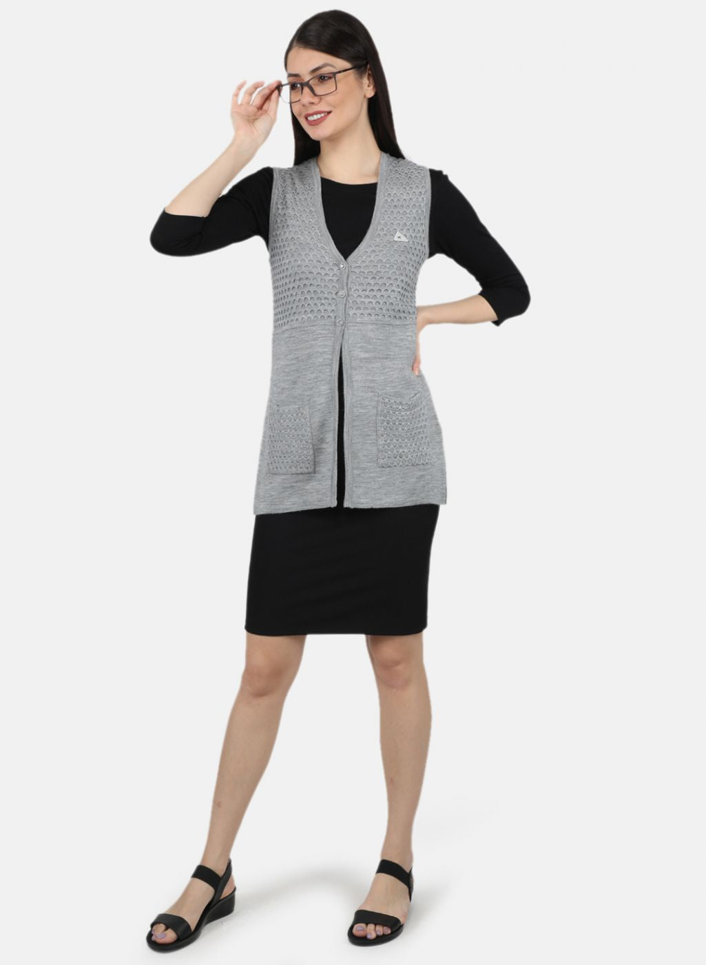 Women Grey Self Design Cardigan