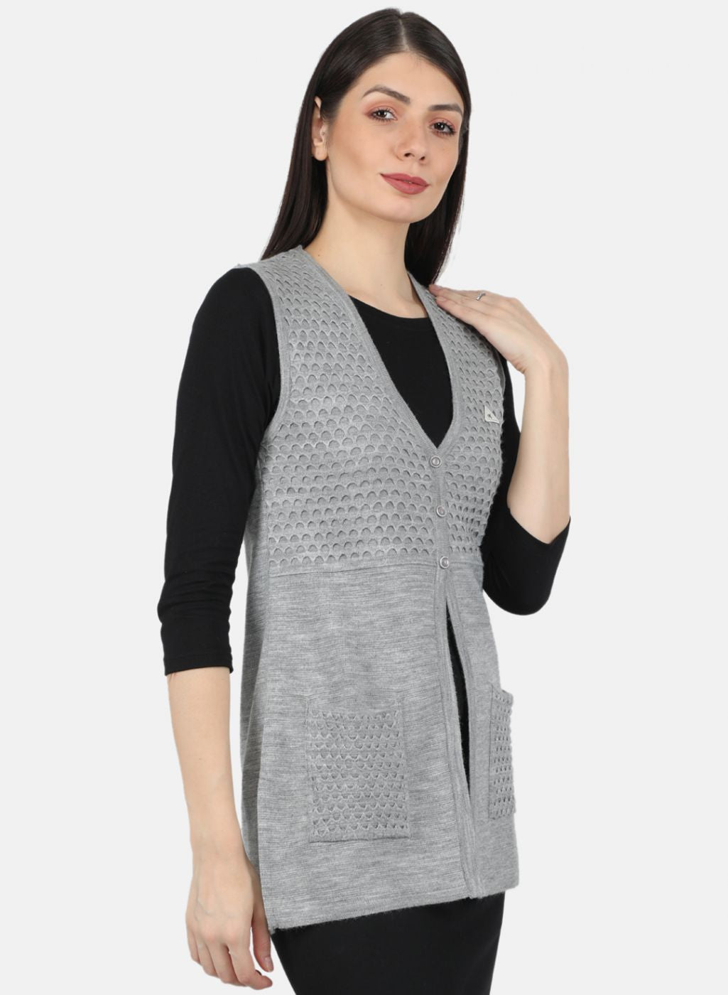 Women Grey Self Design Cardigan