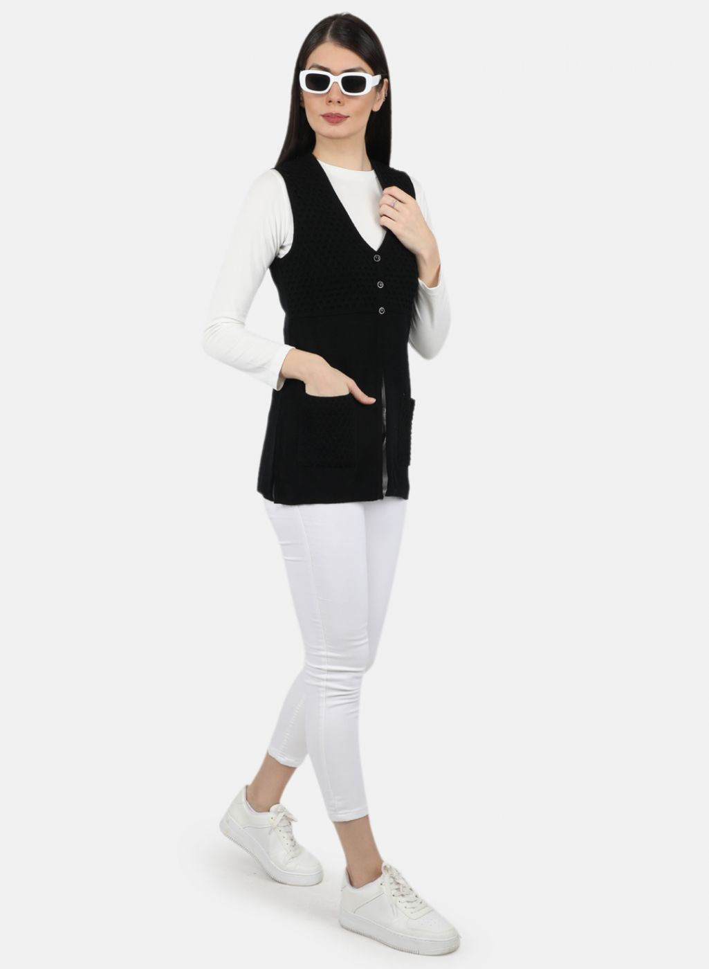 Women Black Self Design Cardigan