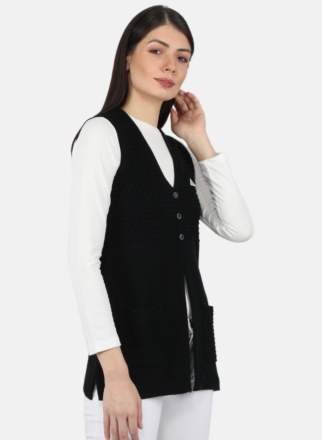 Women Black Self Design Cardigan