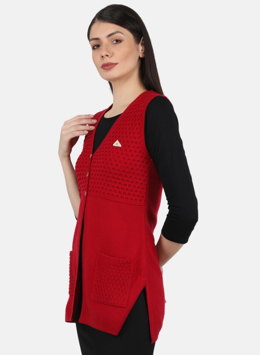 Women Red Self Design Cardigan