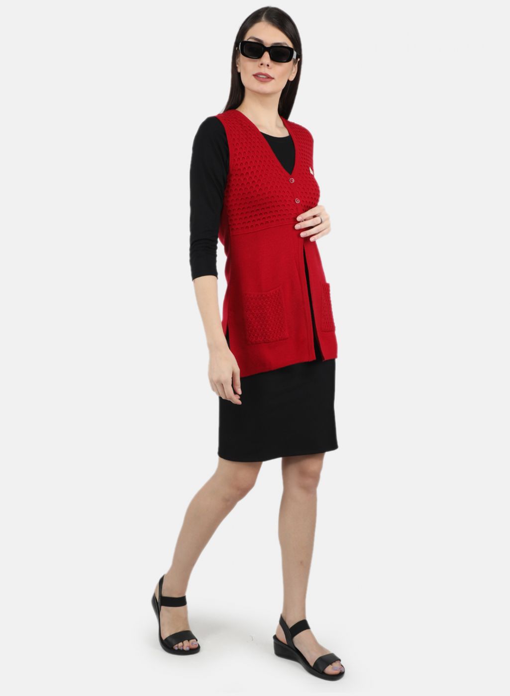 Women Red Self Design Cardigan