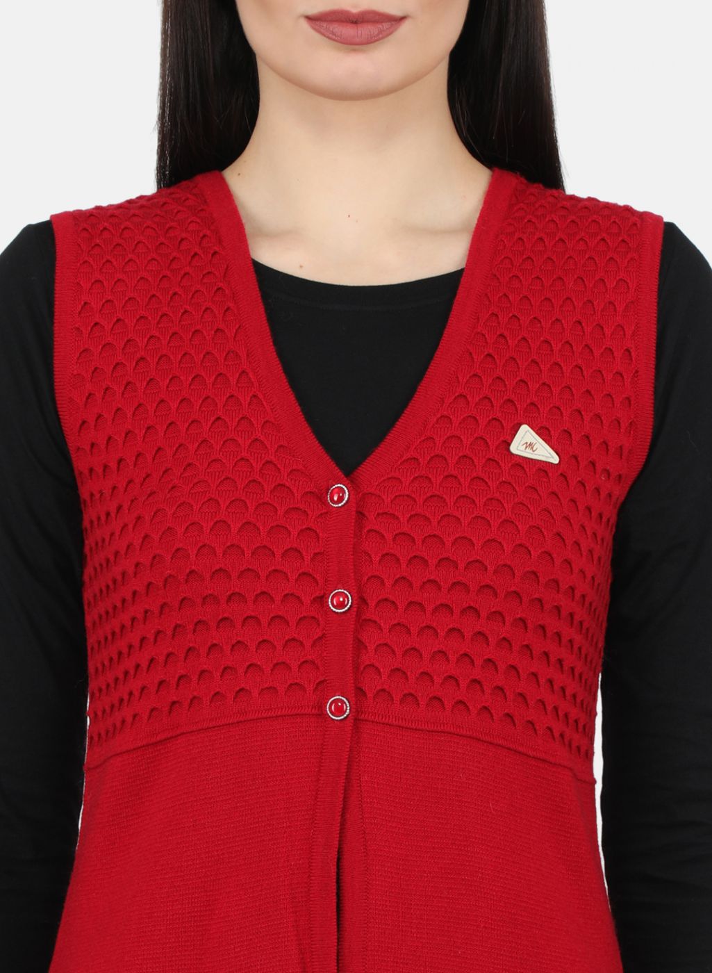 Women Red Self Design Cardigan