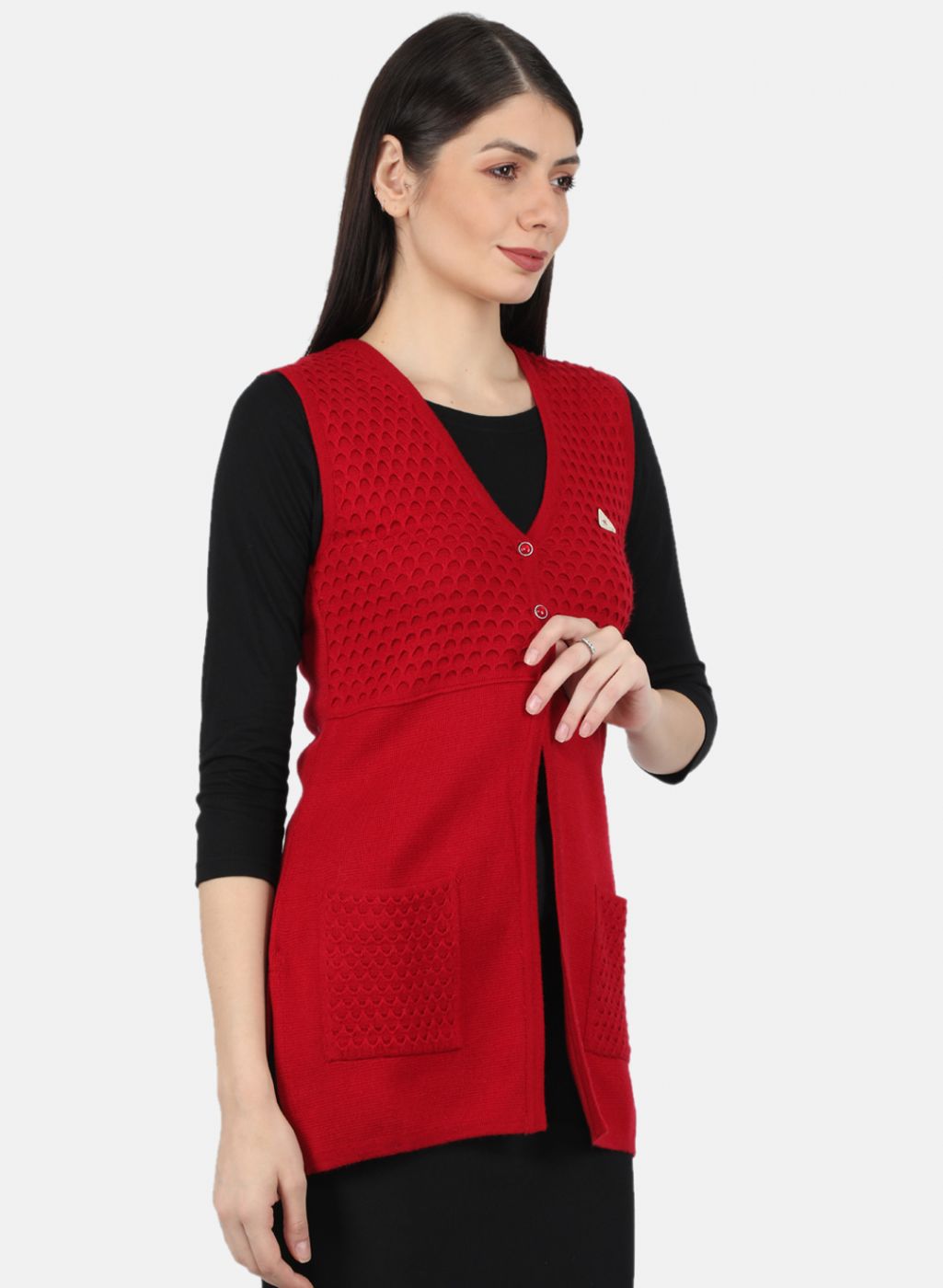 Women Red Self Design Cardigan