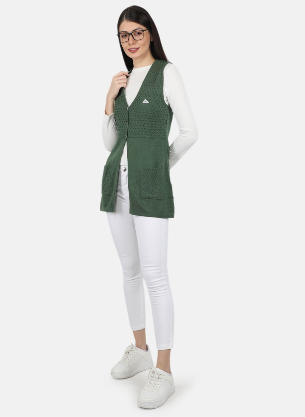 Women Green Self Design Cardigan