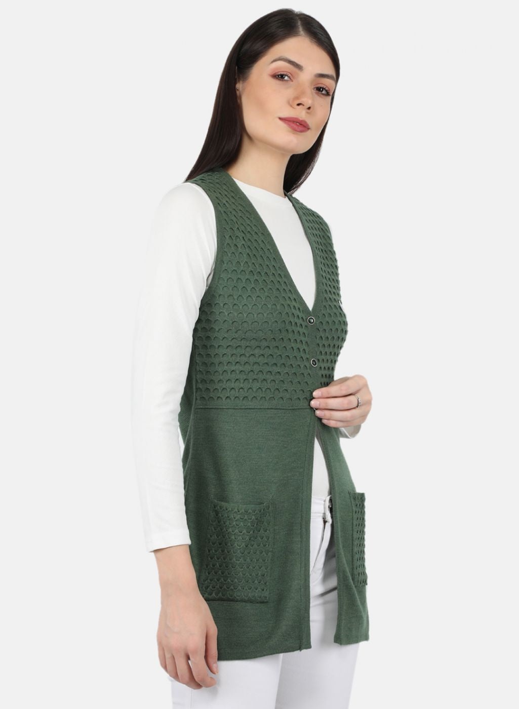 Women Green Self Design Cardigan