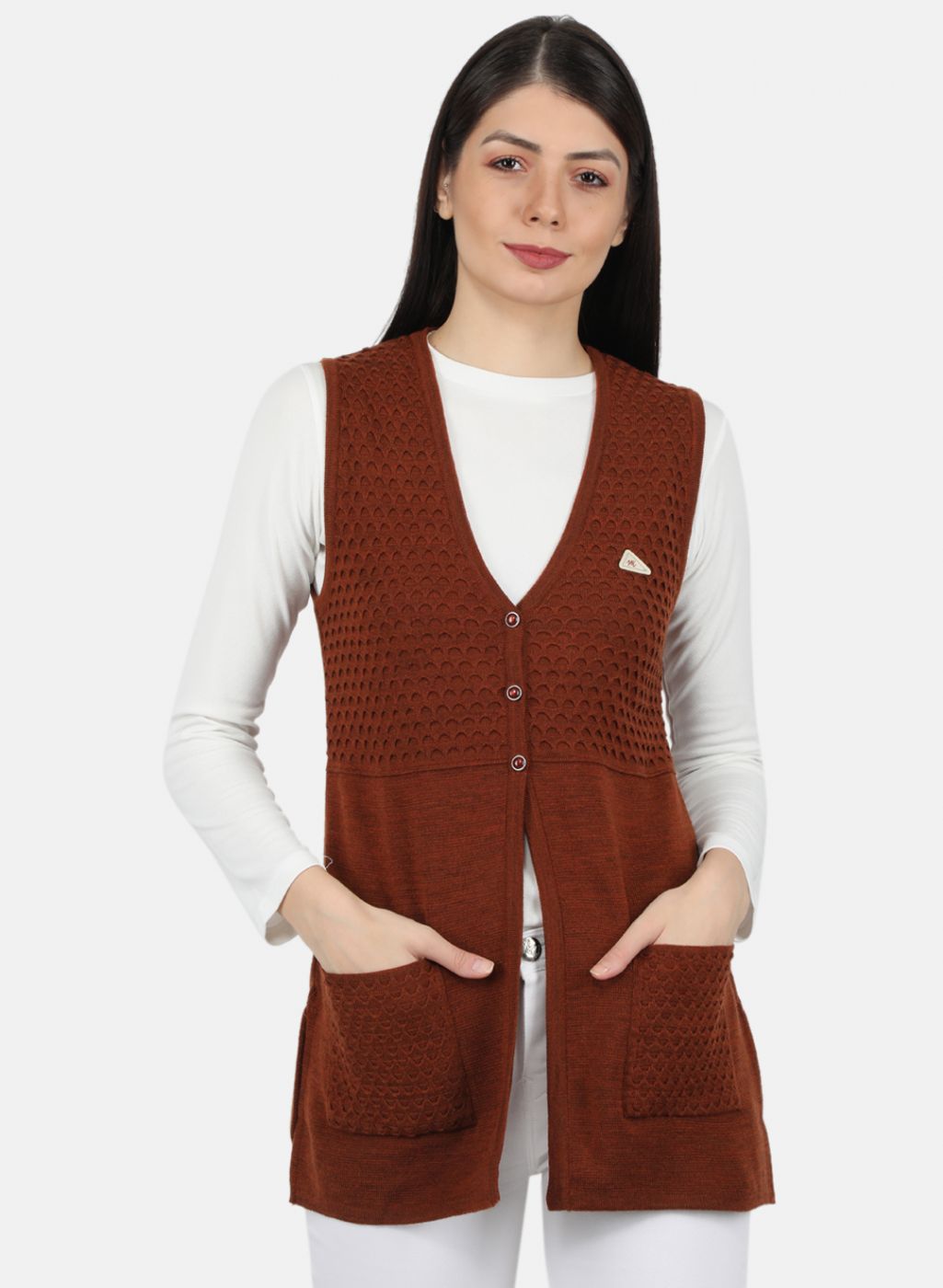 Women Rust Orange Self Design Cardigan