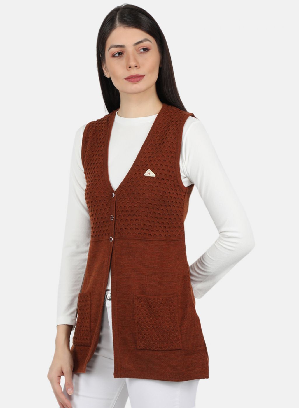 Women Rust Orange Self Design Cardigan