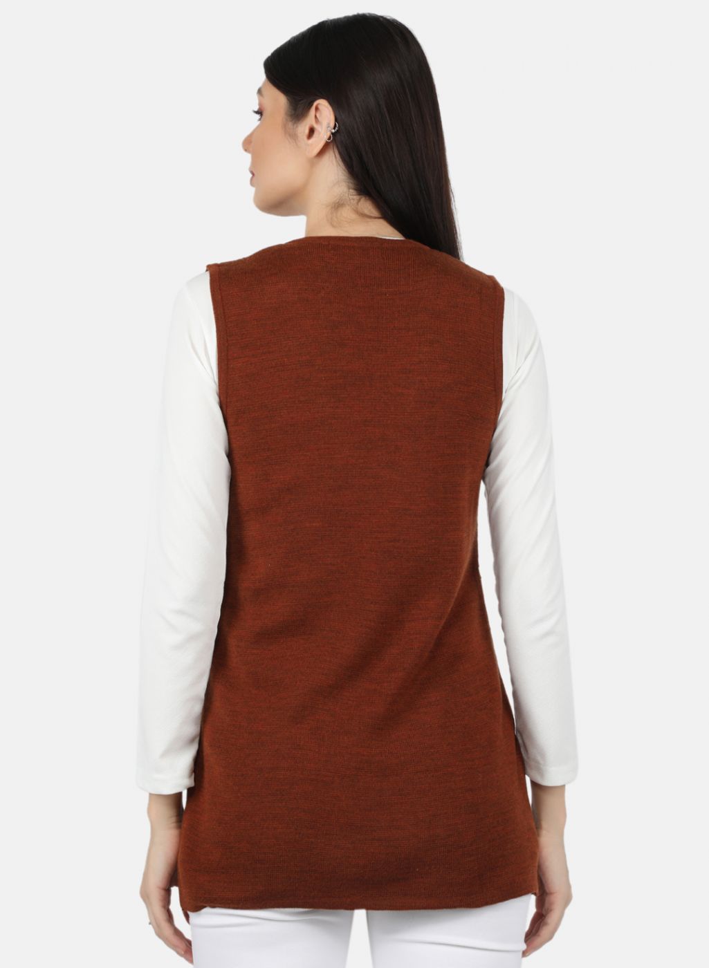 Women Rust Orange Self Design Cardigan