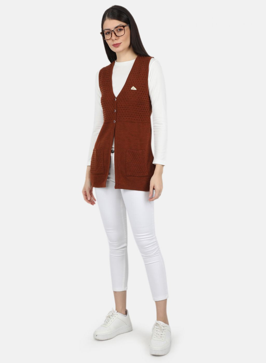 Women Rust Orange Self Design Cardigan