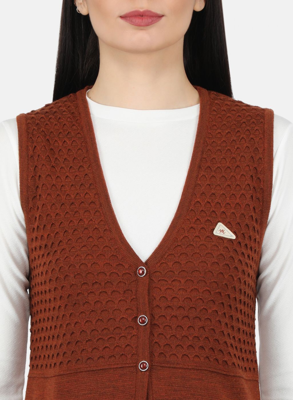 Women Rust Orange Self Design Cardigan