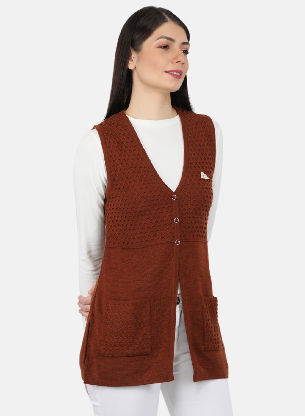 Women Rust Orange Self Design Cardigan