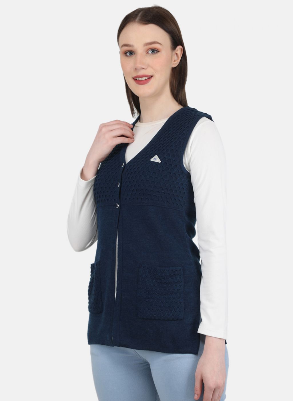 Women Blue Self Design Cardigan