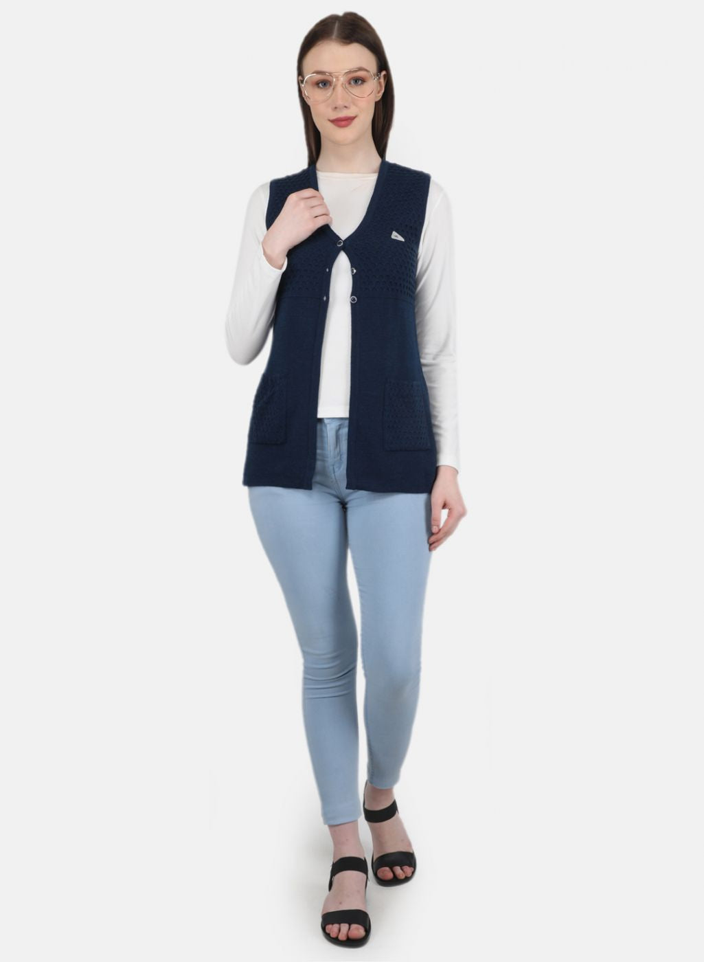 Women Blue Self Design Cardigan