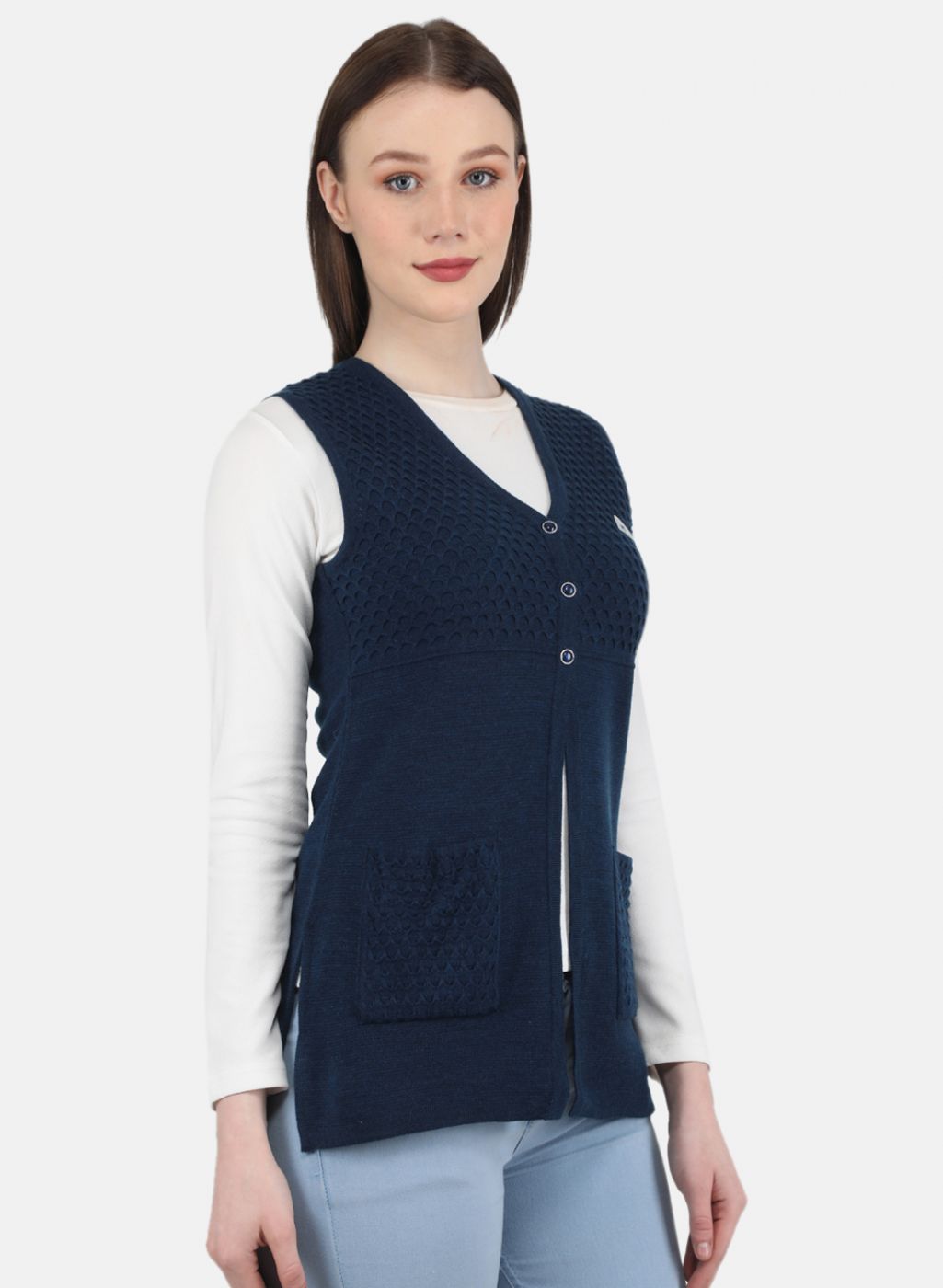 Women Blue Self Design Cardigan