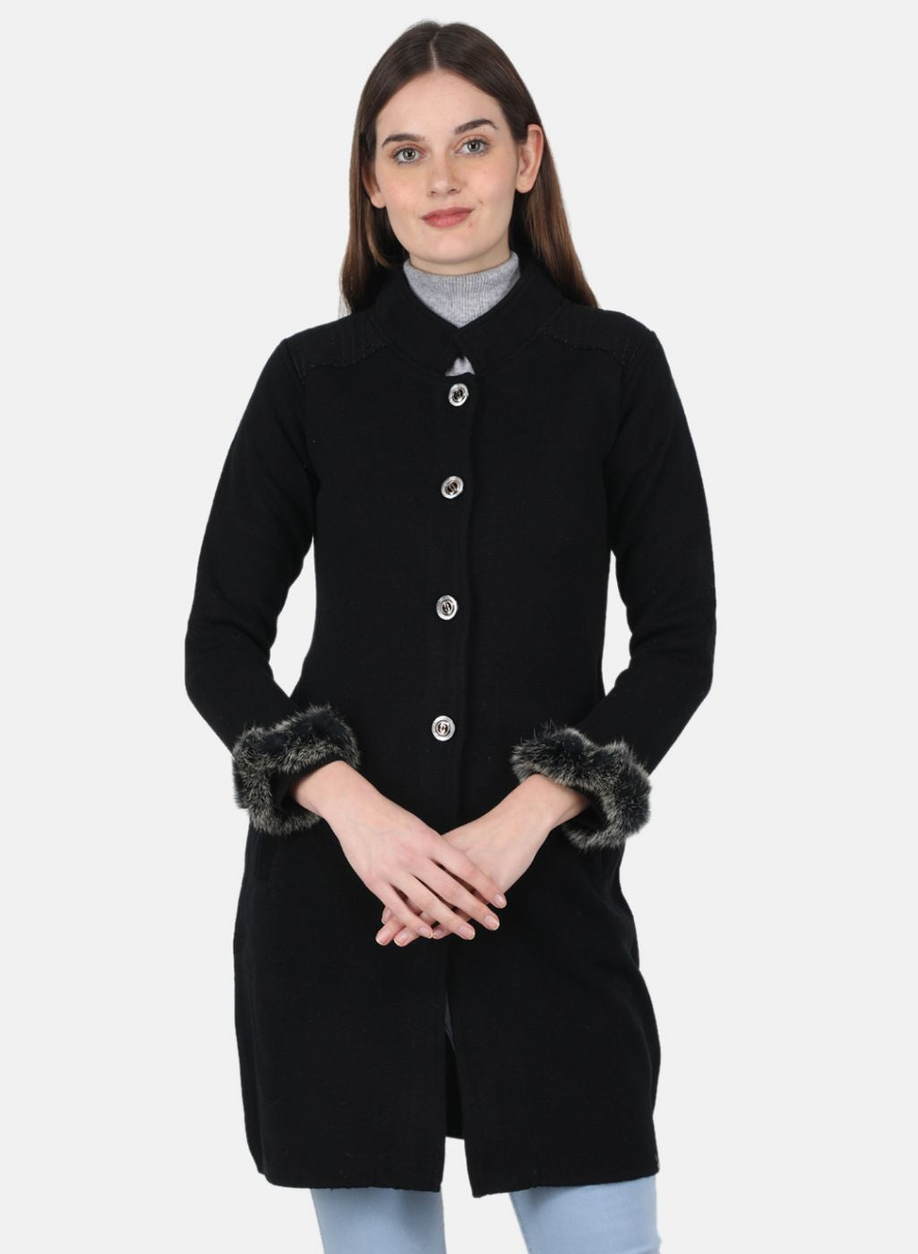 Women Black Self Design Coat