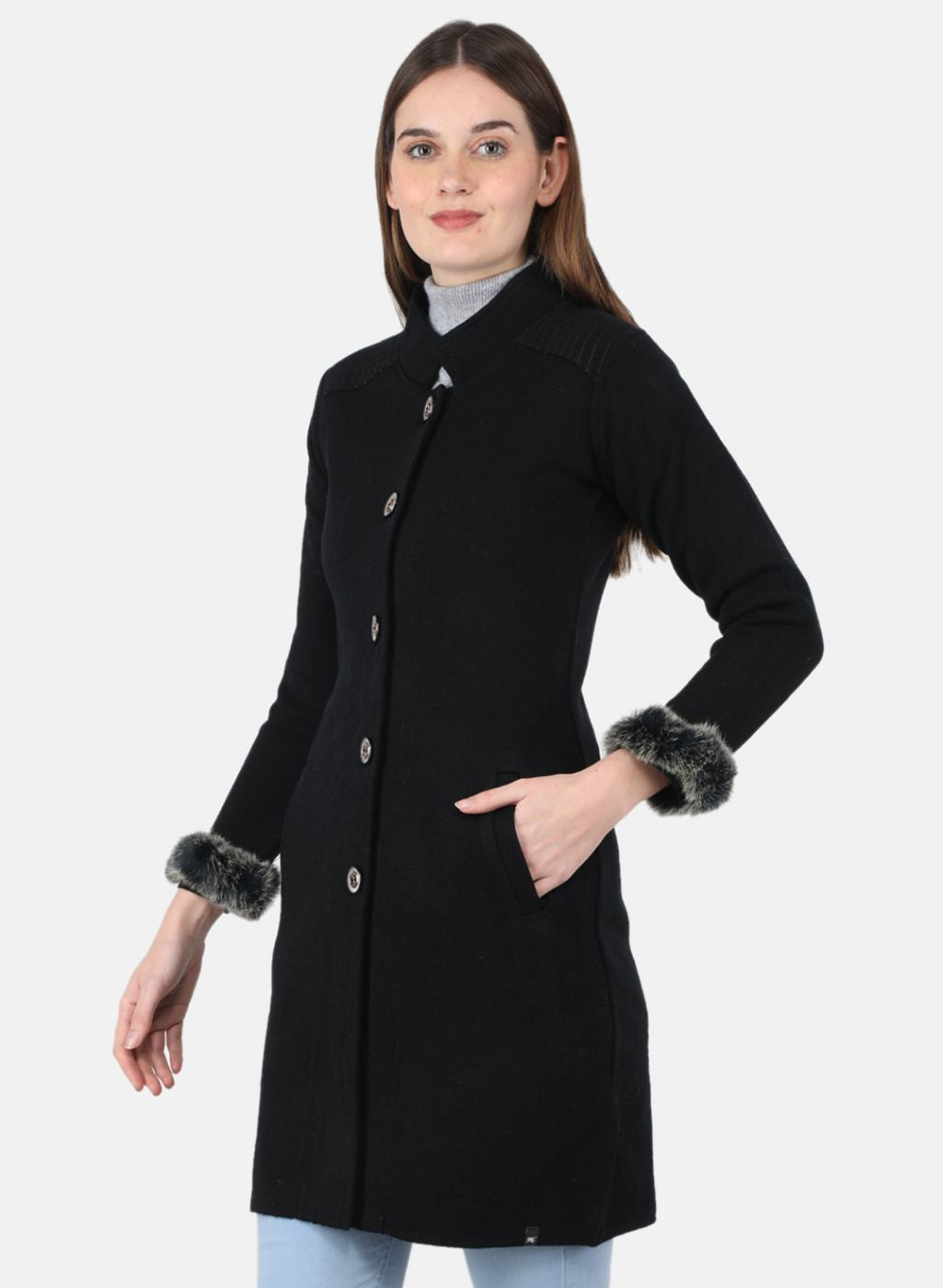 Women Black Self Design Coat