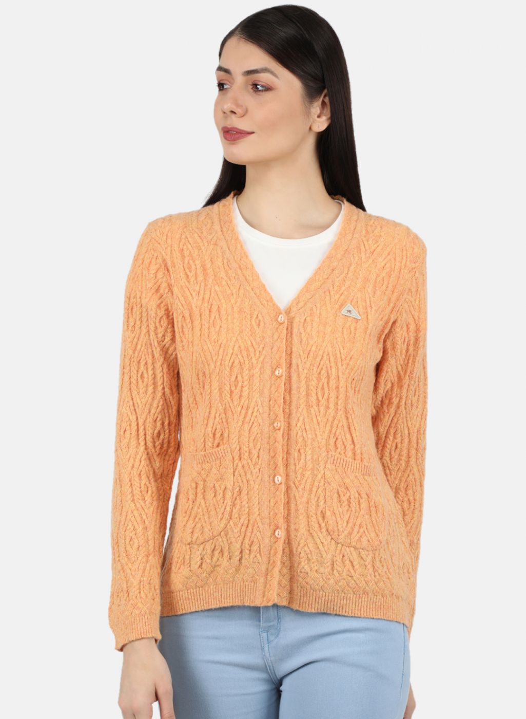 Women Orange Self Design Cardigan