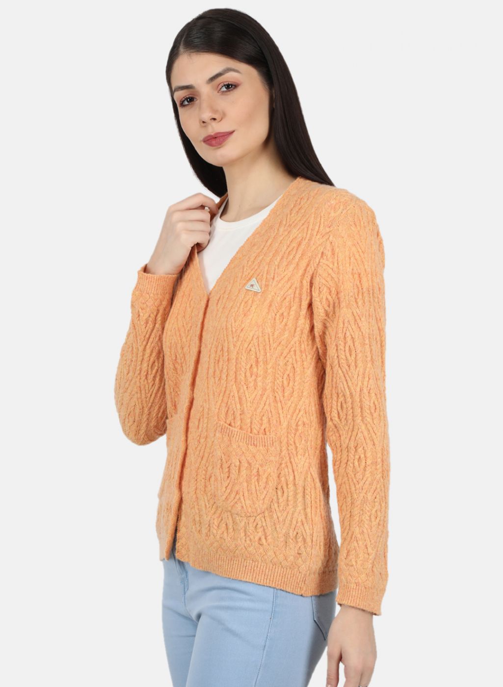 Women Orange Self Design Cardigan