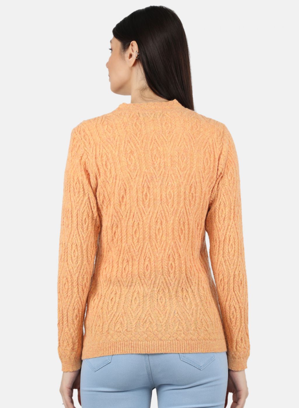 Women Orange Self Design Cardigan