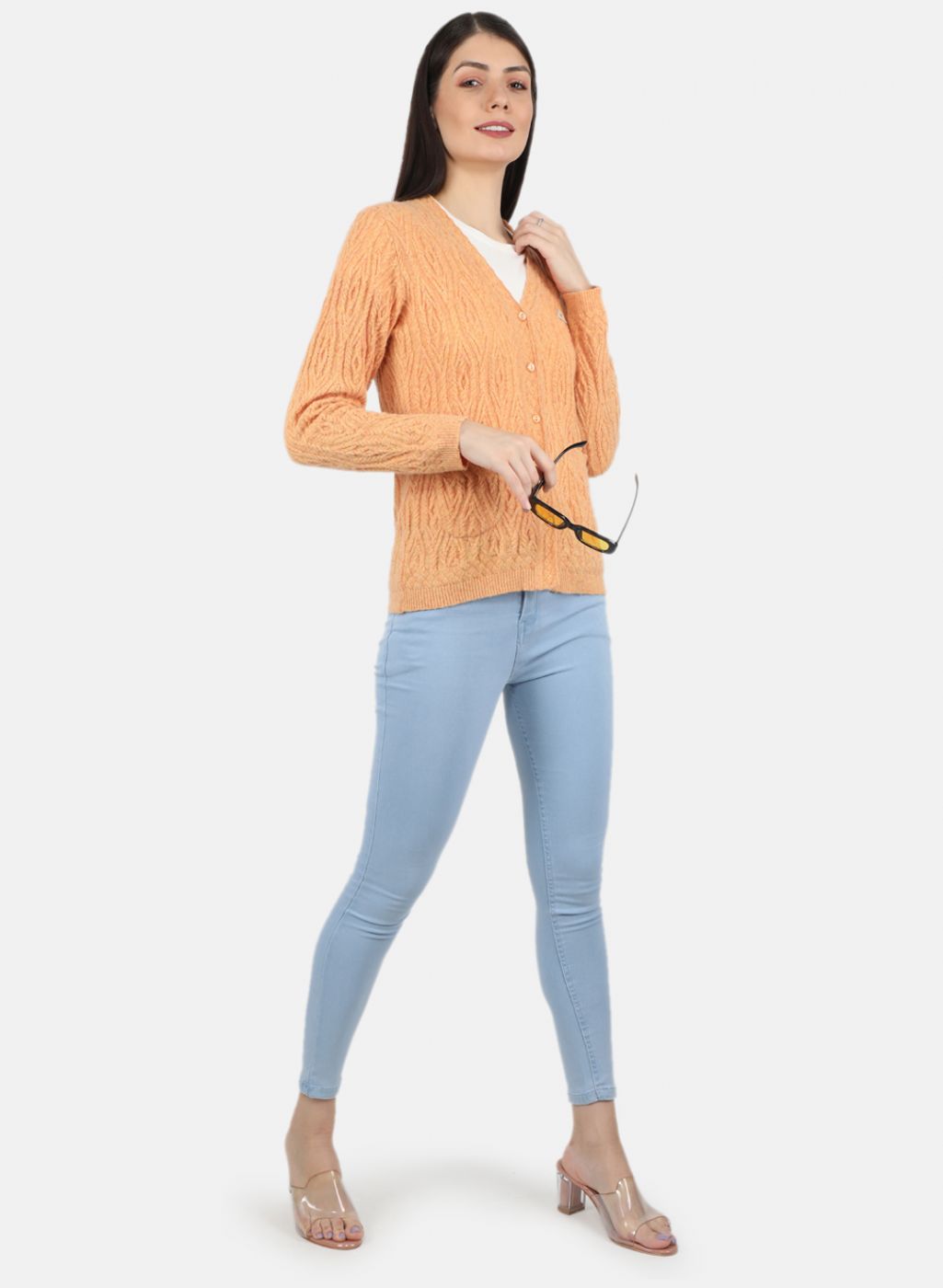 Women Orange Self Design Cardigan