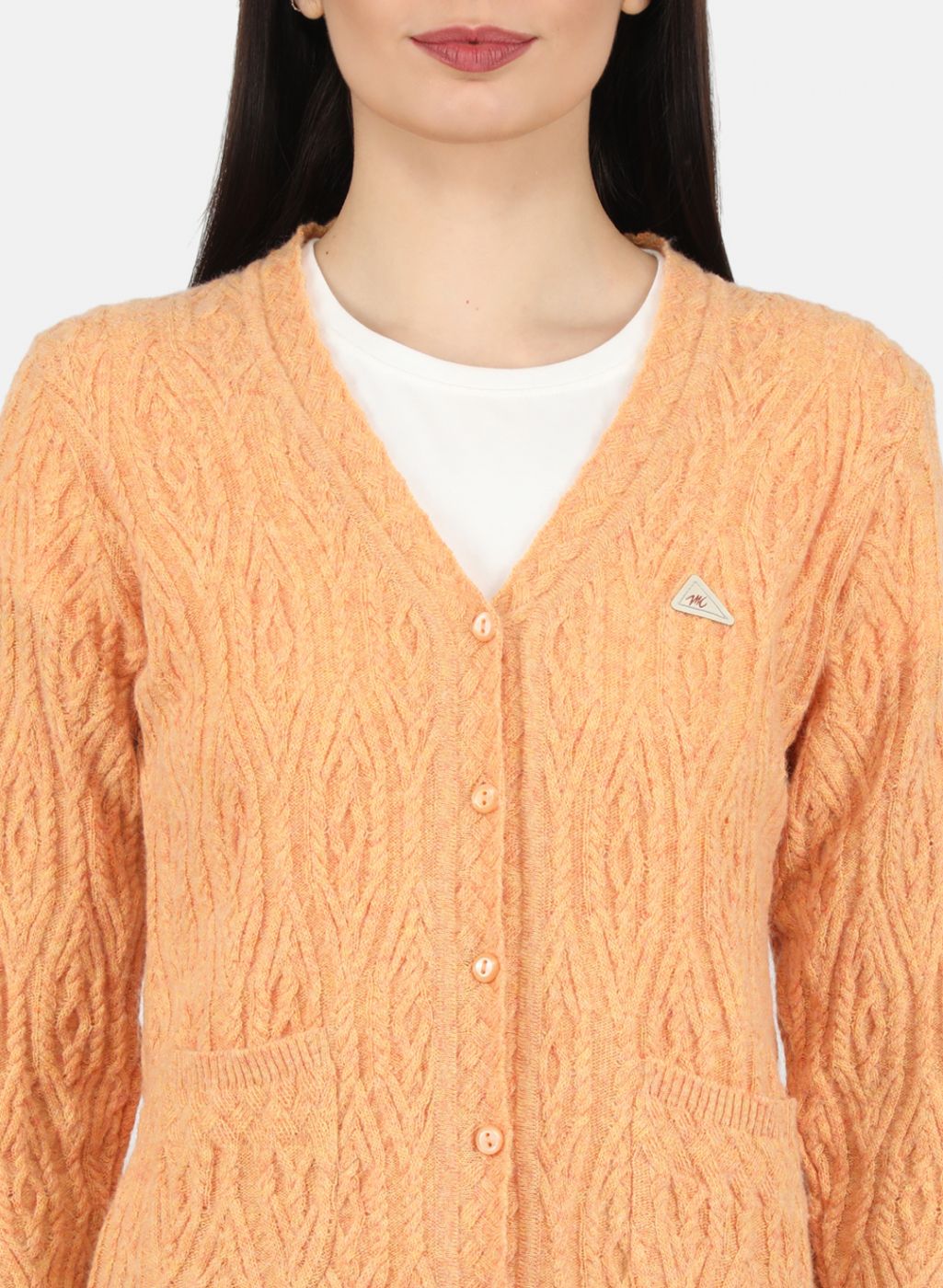 Women Orange Self Design Cardigan