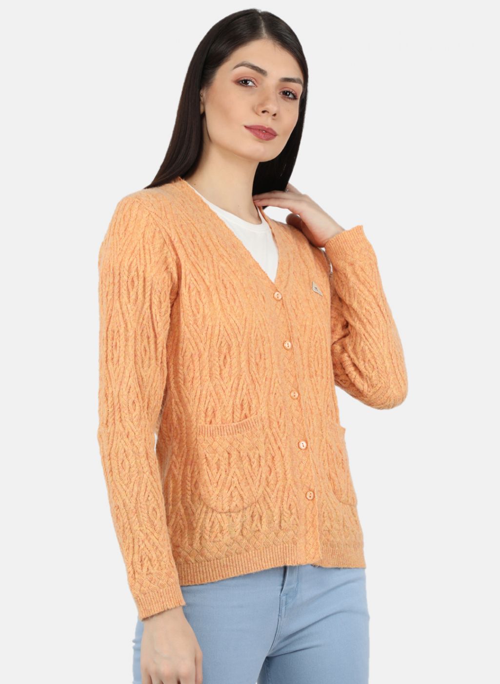 Women Orange Self Design Cardigan