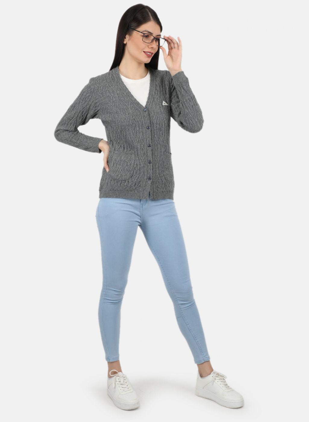 Women Grey Self Design Cardigan