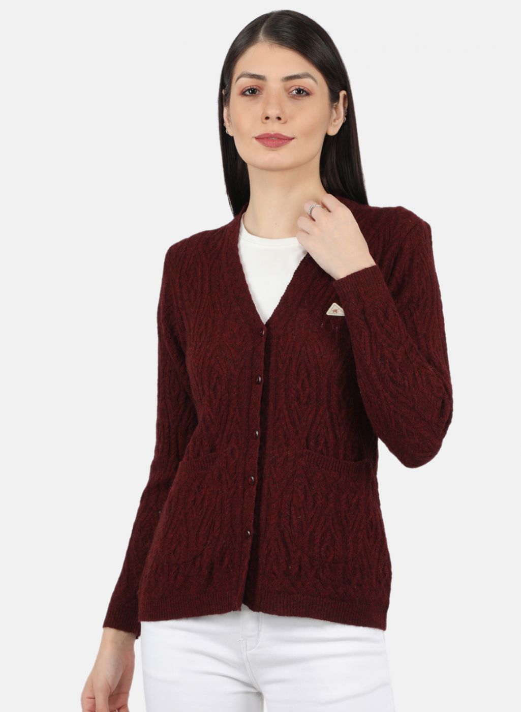 Women Maroon Self Design Cardigan