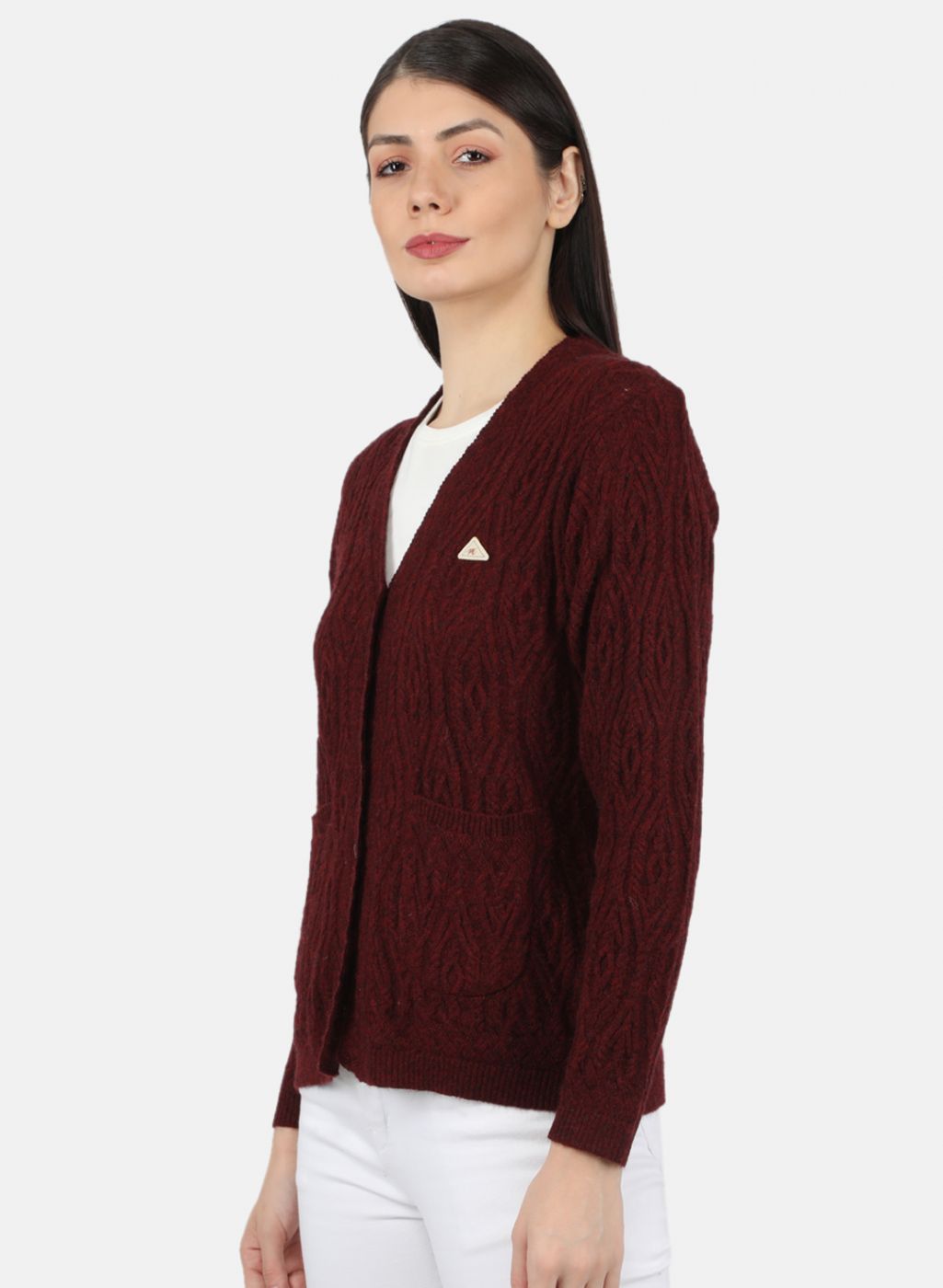 Women Maroon Self Design Cardigan