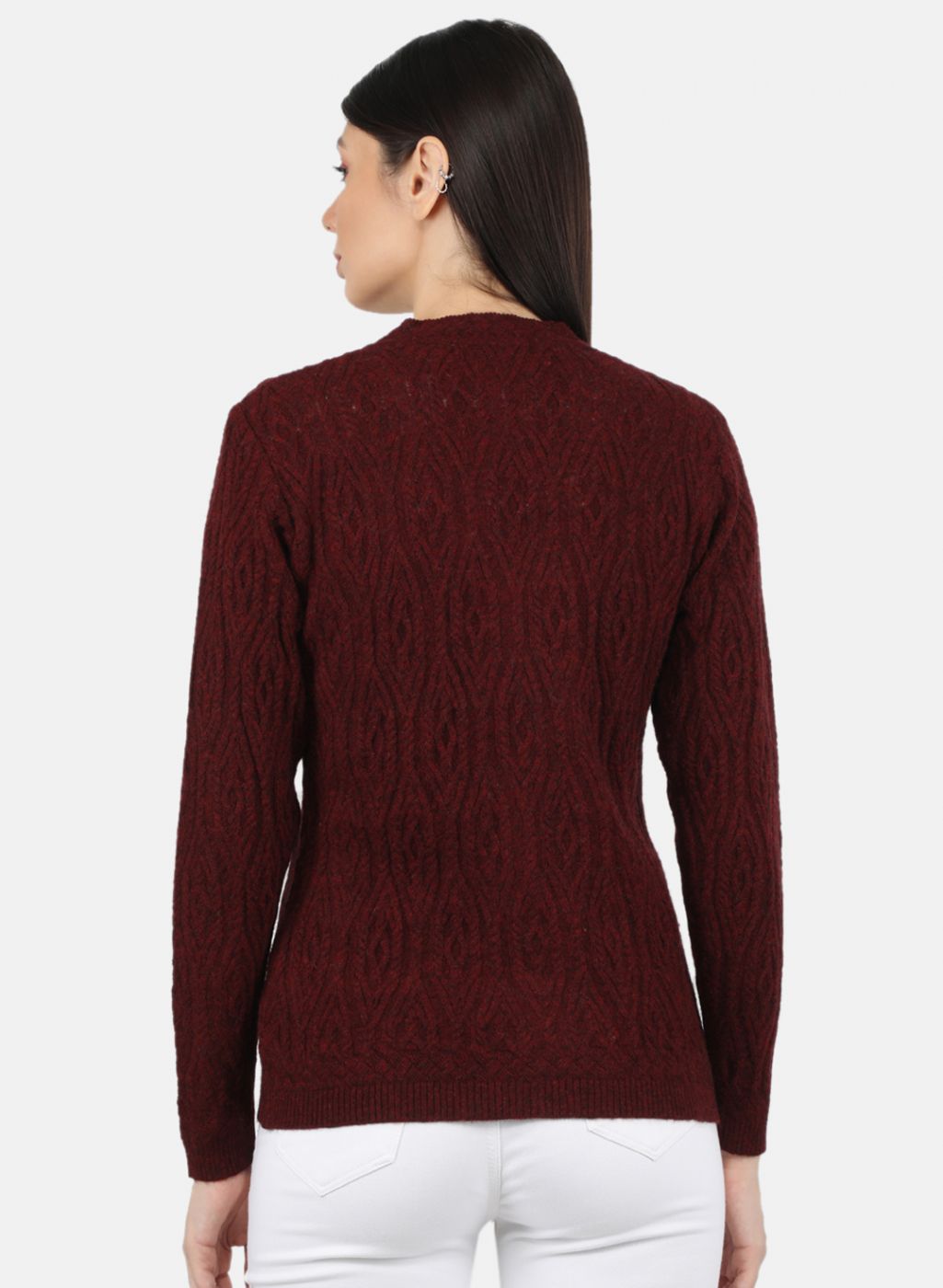 Women Maroon Self Design Cardigan