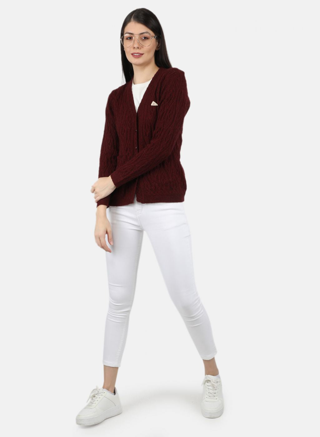 Women Maroon Self Design Cardigan