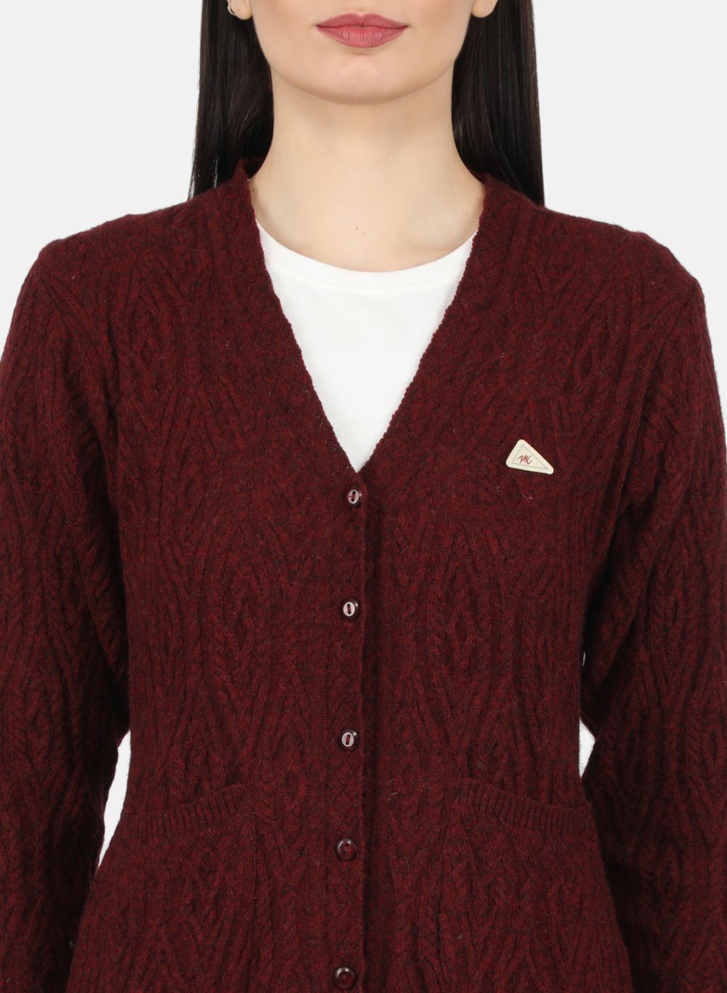 Women Maroon Self Design Cardigan