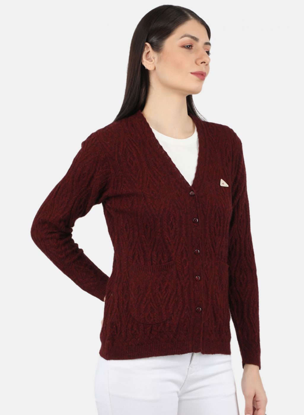 Women Maroon Self Design Cardigan