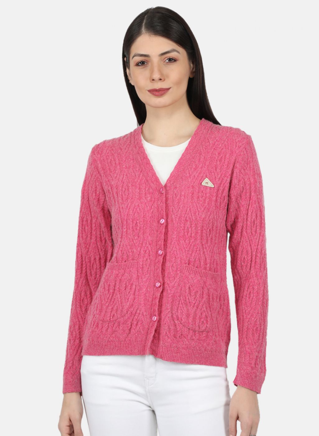 Women Pink Self Design Cardigan